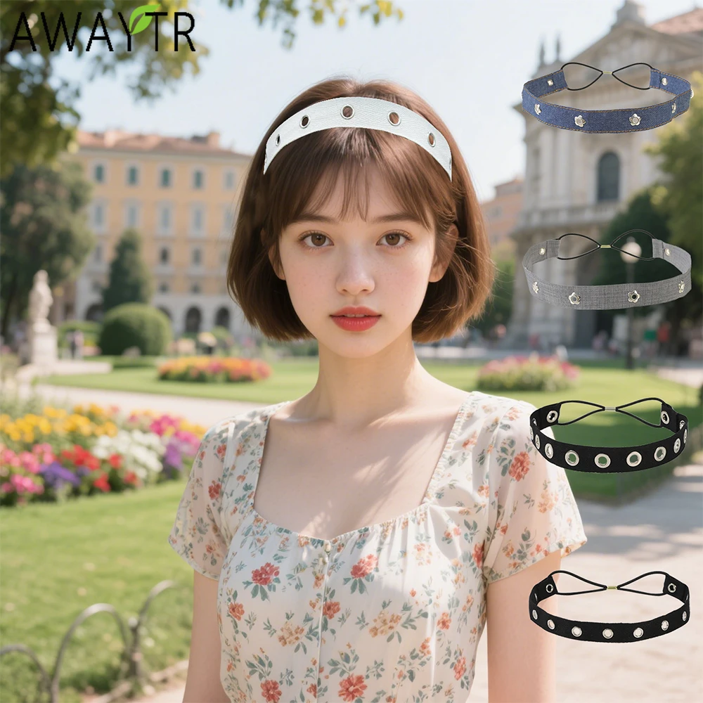 

AWAYTR Denim Hollow Alloy Ring Elastic Headbands Fashion Fabric Wide Headband Plastic Hair Accessories For Women Trends
