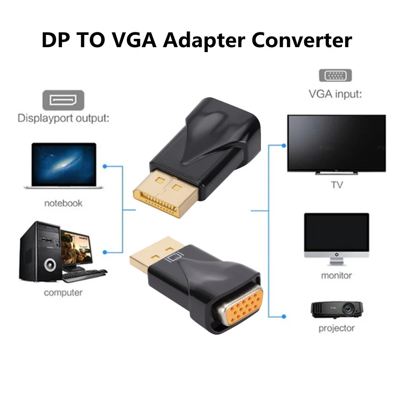 DP to VGA Adapter 1080P DisplayPort Male to VGA Female Converter Adapter For Projector HDTV TV HDVD Laptop DP TO VGA For PC