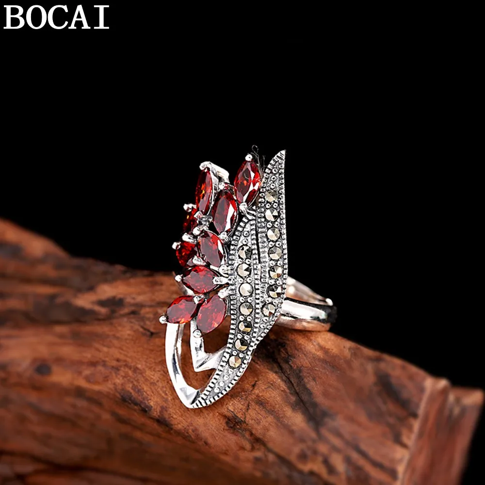 

Кольцо BOCAI S999 из стерлингового серебра с гранатом и геометрическими элементами, винтажный дизайн, открытое