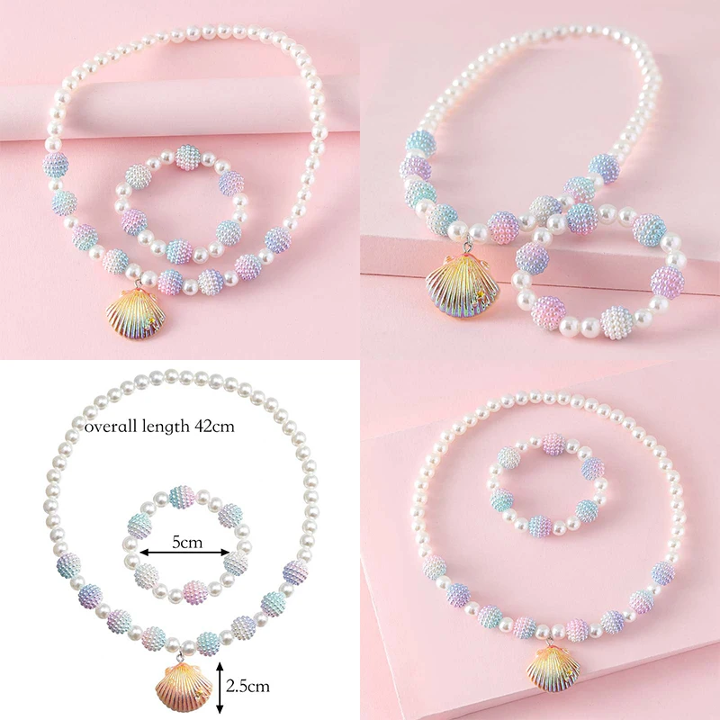 Juego de collar y pulsera con colgante de concha de princesa para niñas y mujeres, joyería de fiesta, regalo de cumpleaños, 2 piezas por juego