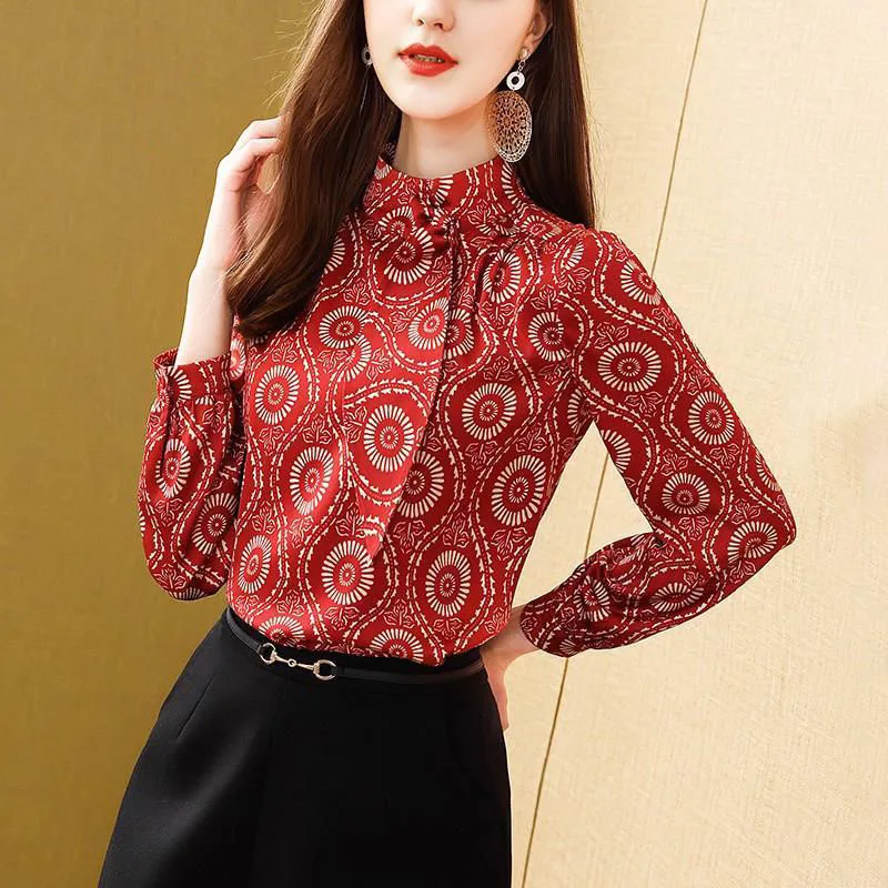 New Spring and Autumn Fashion Simulation Silk Ribbon Ribbon Standing Neck Fragmented Blouse Shirt Versatile Western Style Top