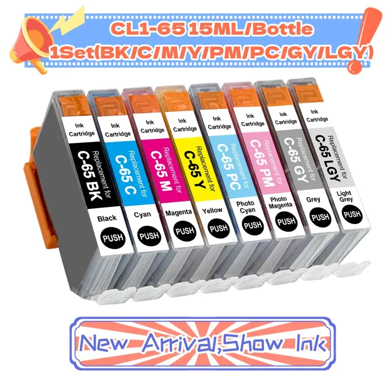 CLI65 Ink Cartridge 8 Pack BK C M Y PM PC GY LGY Ink Pack Replacement for PIXMA PRO200 PRO200 A3