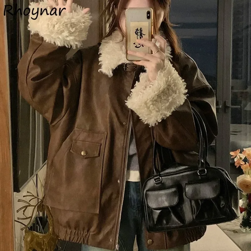 

Parkas Women Winter Temperament PU Coats All-match Leisure Patchwork Fluffy Thickening Plus Velvet Streetwear Ulzzang Minimalist