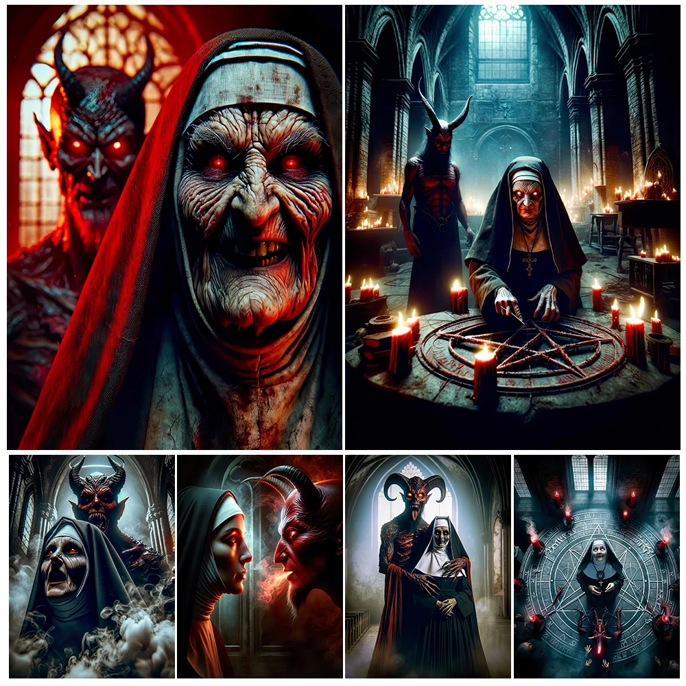 The Demon-Possessed Nun And The Magic Circle Vintage Wall Art Canvas Paintng Scary Nun&Satan Art Poster Print Home Decoration