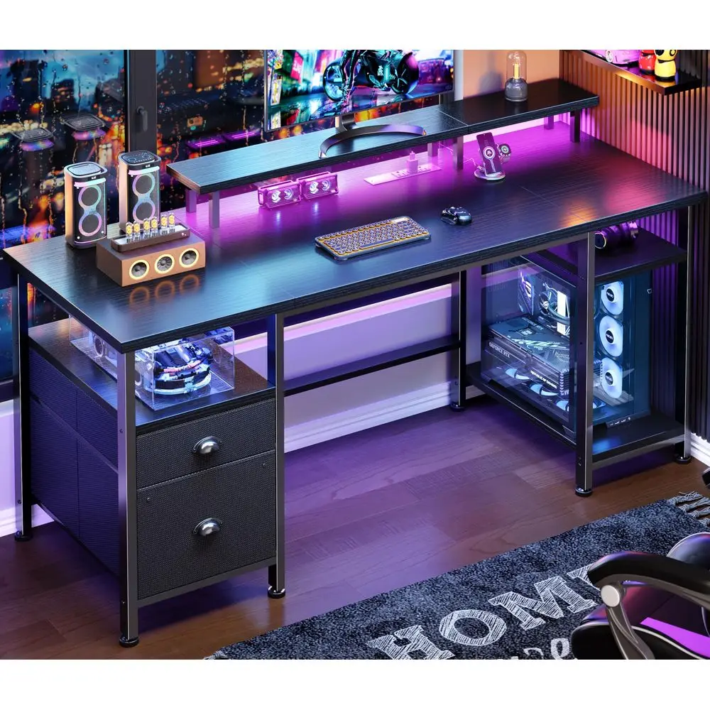 51 Gaming Desk with Power Outlets amp LED Lights, Reversible Computer Desk with File Cabinet amp Monitor Stand for Home Office,