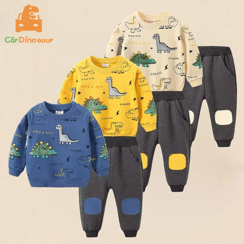 2025 Spring Autumn 2 3 4 5 6 7 8 Years Children Cotton Cartoon Student Loose Sweatshirt+Long Patchwork Pants 2 Pcs Kids Boys Set