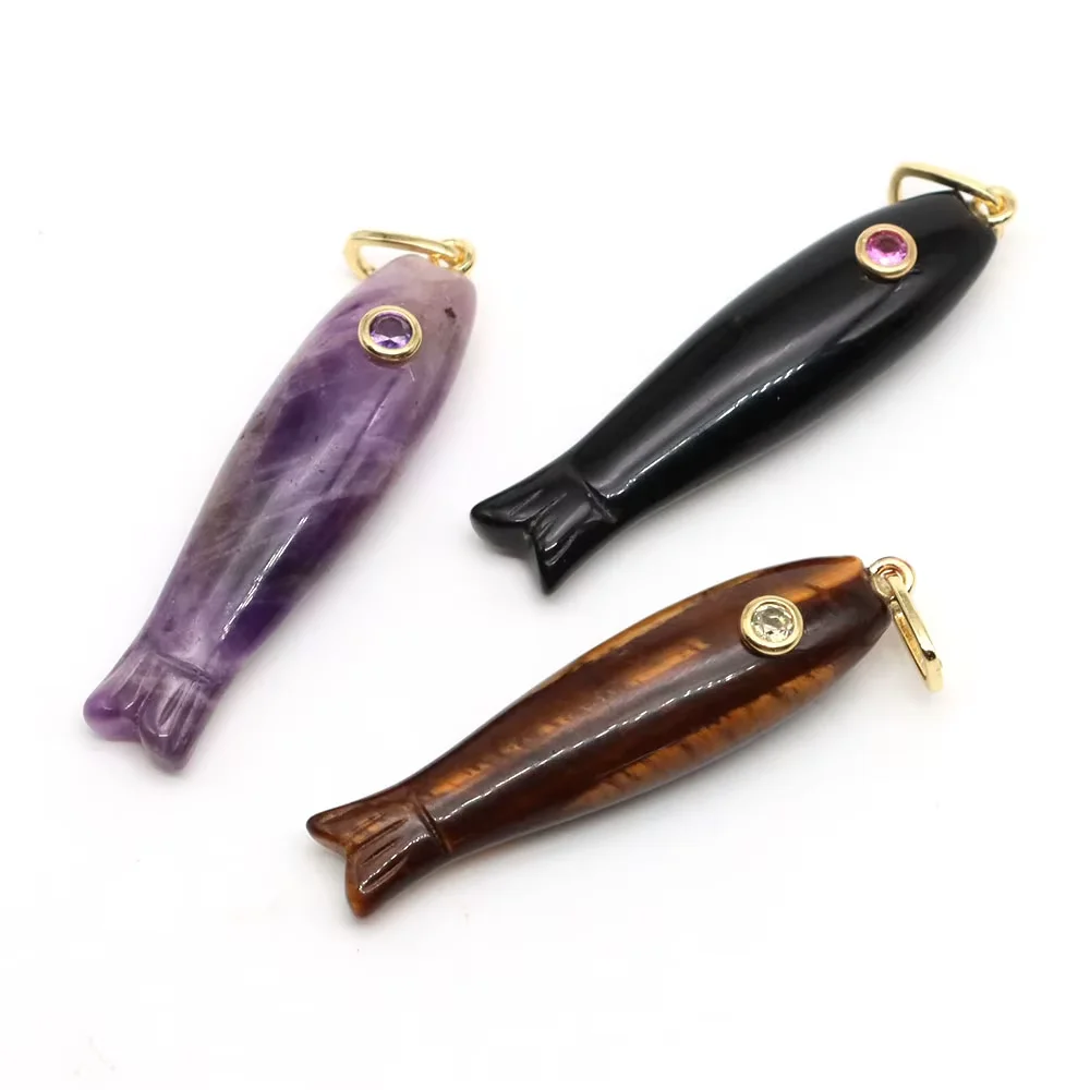Fish Shape Crystals Stones Pave Zircon Charms Natural Amethyst Rose Quartz Carved Gemstone for DIY Jewelry Accessory