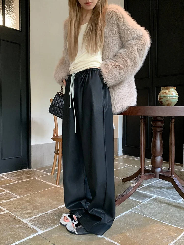 

Bla, прямые повседневные брюки с высокой талией, женские свободные кожаные брюки длиной до пола, зима 2024, мода