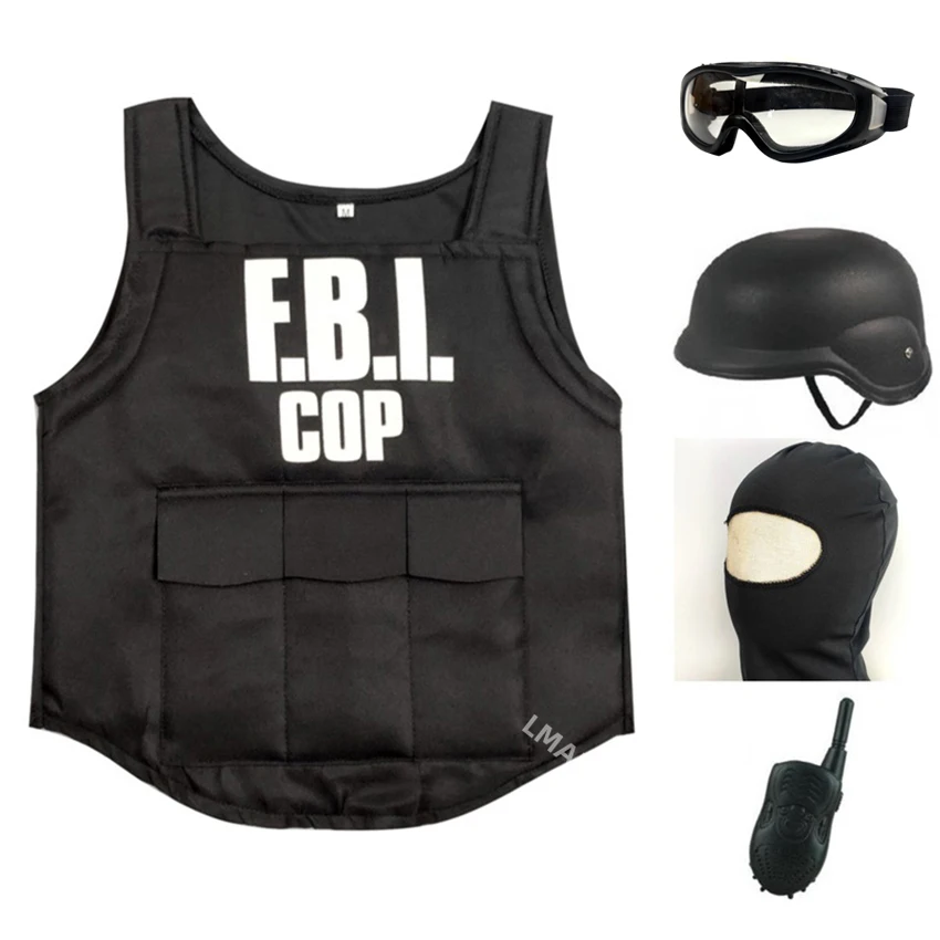 FBI Special Agent Uniform Bulletproof Vest Outfits Police Cosplay Fancy Halloween Costume for Kids Carnival Headgear Helmet Prop