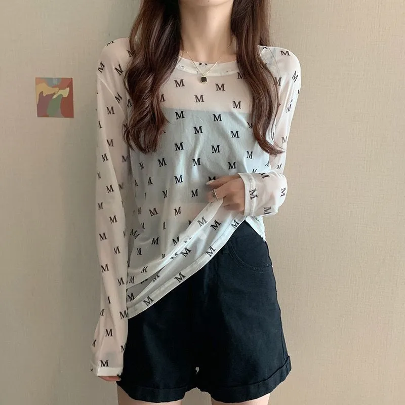 Estilo coreano malha de seda gelo protetor solar topo feminino verão manga longa camiseta moda solta ajuste praia cobrir casual interior wear