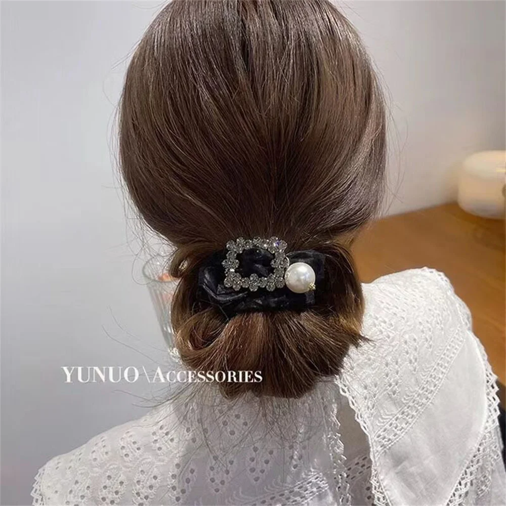 Elegant Organza Large Intestine Hair Ties Elastic Glitter Rhinestone Pearl Hair Ropes Women Ponytail Holder Rubber Hairbands