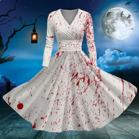 महिलाओं के लिए खूनी हेलोवीन पोशाक प्लस आकार लंबी आस्तीन लपेटें पोशाक महिलाओं के लिए एक लाइन मिडी पोशाक विंटेज हेलोवीन कपड़े Vestidos 8 best sales हरा गाउन - №6