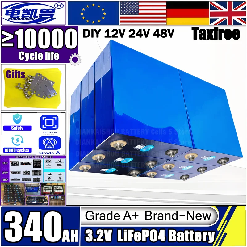 

Duty Free Grade A 340 Ah 10,000 Cycles LiFePO4 3.2V Rechargeable Battery, Suitable For DIY 12V 24V RV Electric Vehicle Solar Sys