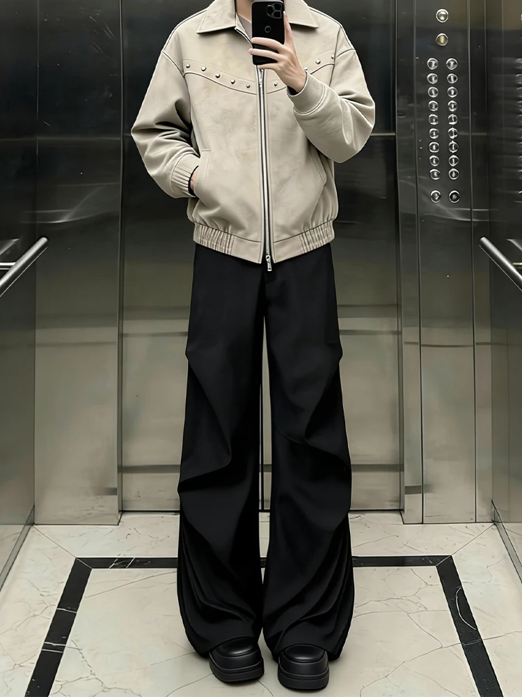 

Black Pleated Bell Bottom Men's Casual Pants Spring American Style High Waist Straight Leg Anti-Wrinkle Durable Fashionable