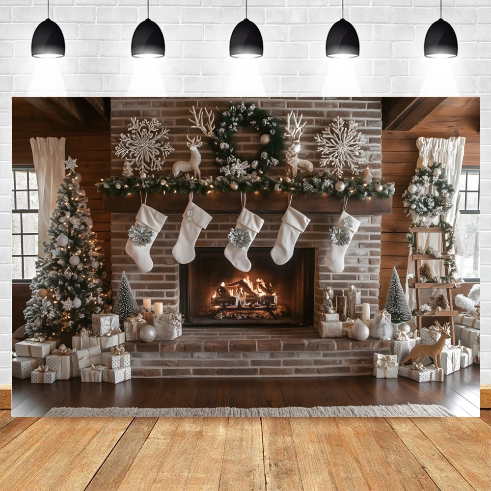 White Christmas Fireplace Photo Background Christmas Trees Stockings Kids Family Holiday Party Banner Decor Photography Backdrop