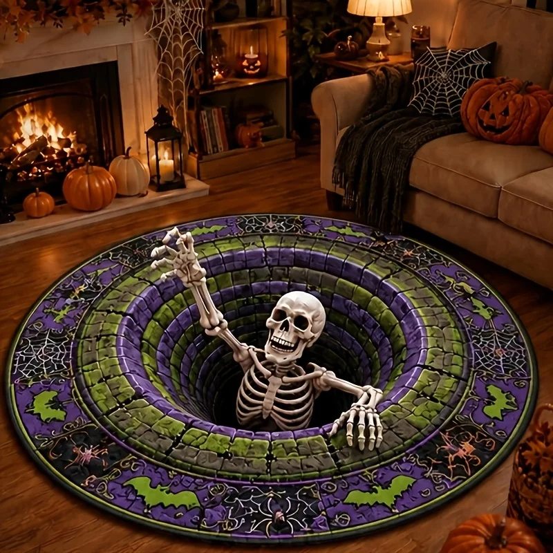 Halloween 3D Skeleton Bottomless Hole Round Area Rug, Spooky Optical Illusion Carpet for Home Living Room Floor Decoration