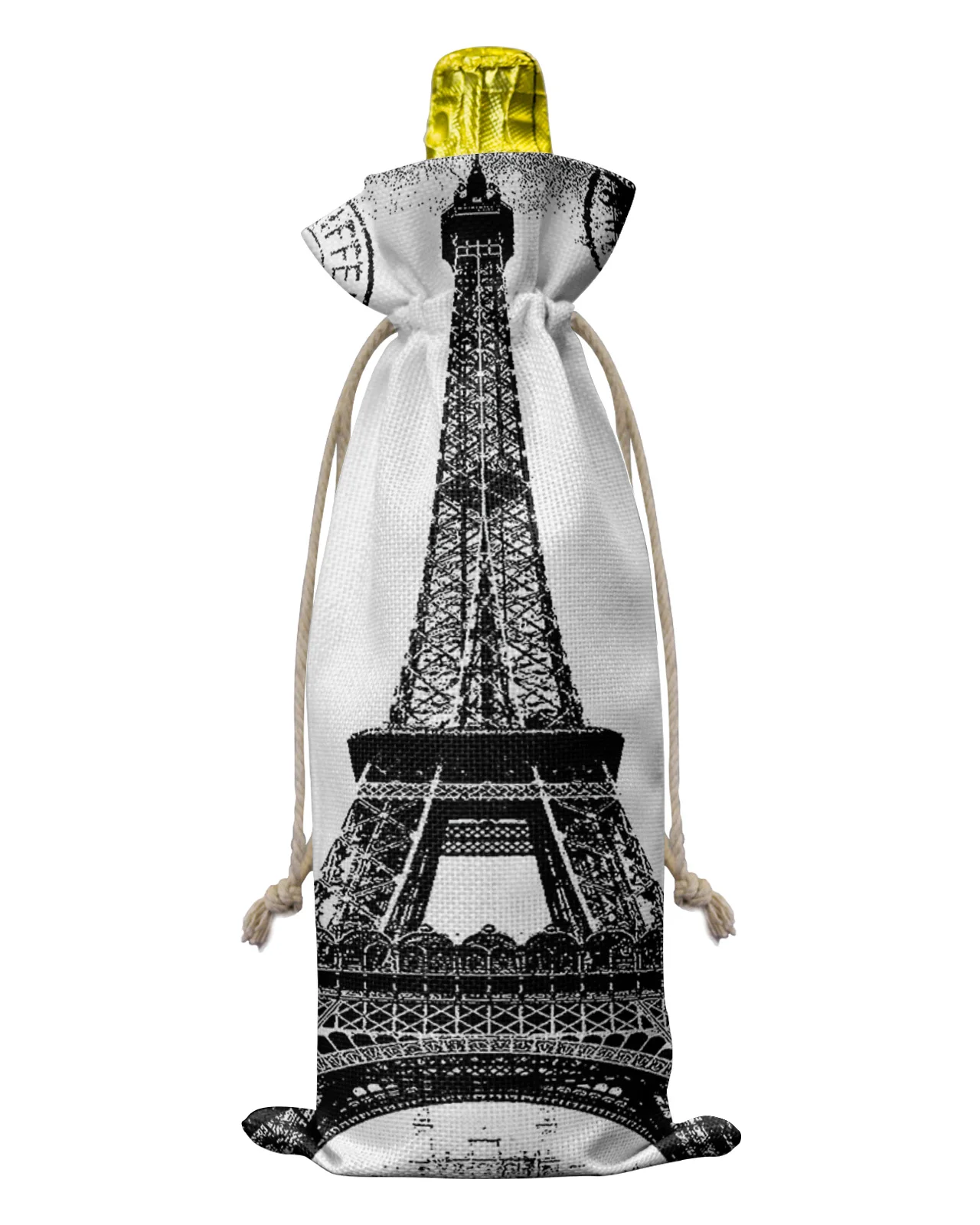 10pcs Eiffel Tower Retro Vintage Stamp Black White Wine Bottle Bag with Drawstring Festive Party Decor Wine Bottle Covers Gift