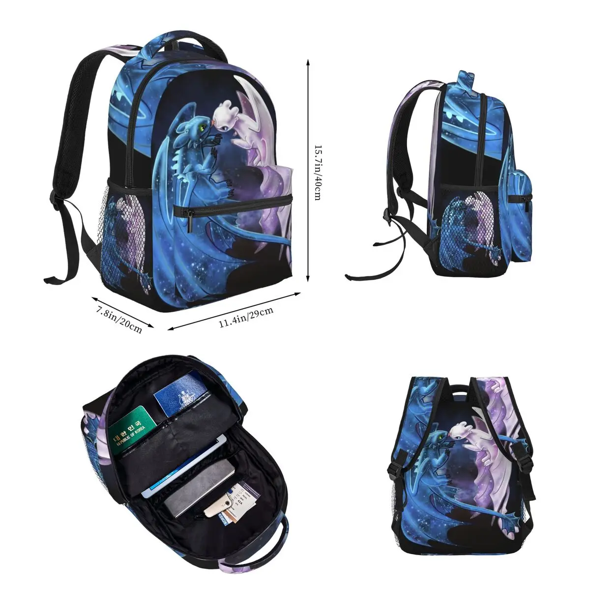 Dragon Heart - Starry Dragons - Toothless And Light Fury Backpacks Bookbag Cartoon Rucksack Lunch Bag Pen Bag Three-Piece Set