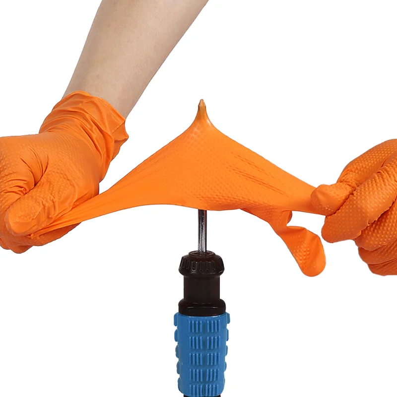 8Mil 헤비 듀티 오렌지 니트릴 장갑 일회용 다이아몬드 질감 그립 산업용 작업 장갑 정비공 안전 장갑 라텍스 프리