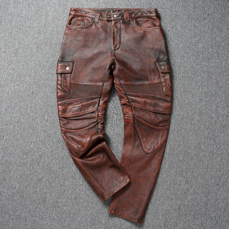 Pantaloni Da Motociclista In Vera Pelle Neri O Marroni, Con Cintura, Taglie Fino A 5XL, Cargo E Classici