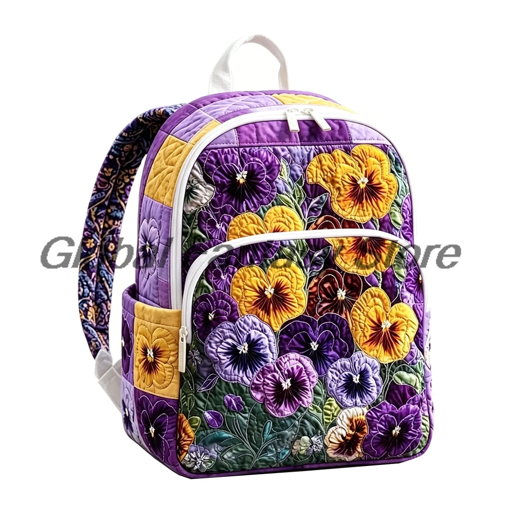 Purple Pansy Patchwork Quilted Backpack Vintage Floral Print Daypack Travel Bag Women Men Outdoor Packsack