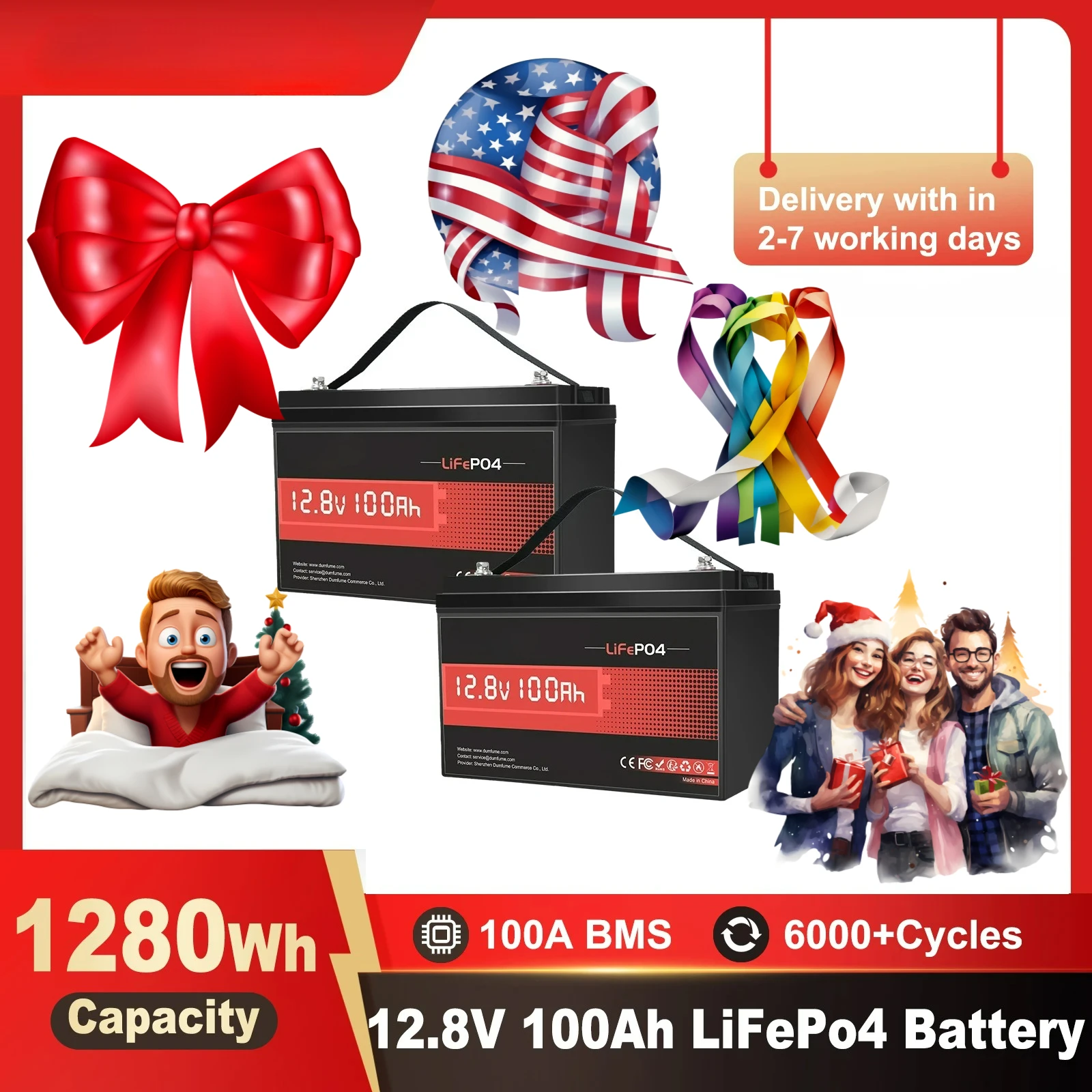 2 штуки 12В 100Ач LiFePO4 аккумуляторов для мотоциклов с высокой плотностью энергии, 100А BMS, 1280Втч для автодомов, лодок, автономных систем