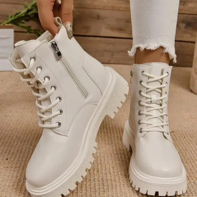 Ankle Boots for Women Winter 2025 Lace Up Pu Leather Motorcycle Woman Plus Size Short Booties Shoes Thick Warm Long Plush
