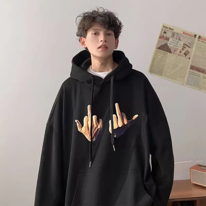 

Осень-зима, мужская толстовка большого размера с принтом пальцев, замшевая тяжелая толстовка свободного покроя, молодежный тренд, защита от пятен