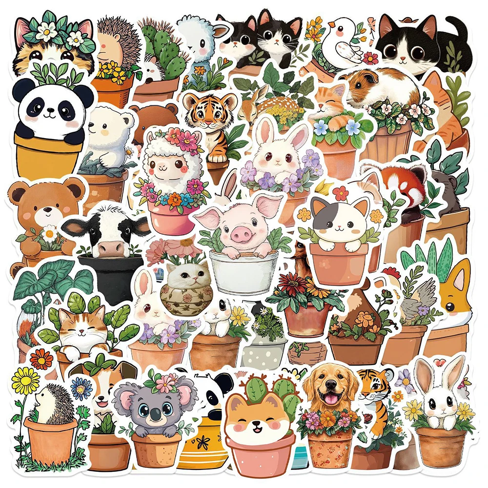 

10/30/50pcs Kawaii Flower Pot Animals Graffiti Stickers Cute Cartoon Creative Decals Water Bottle Luggage Phone Sticker Packing
