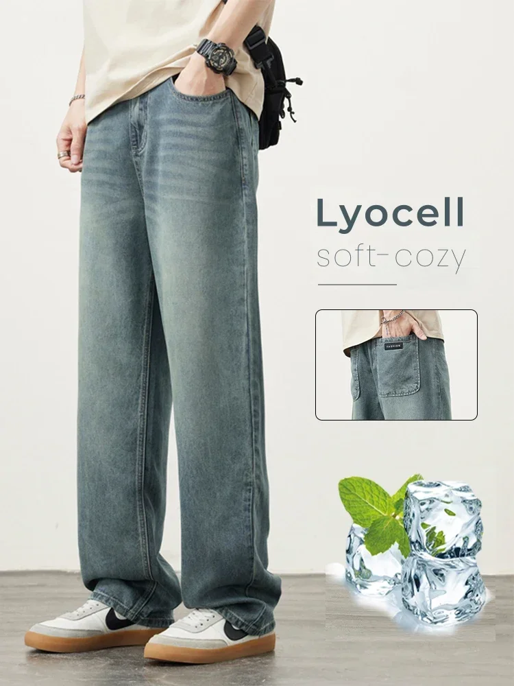 

Pop Lyocell Spring Thin Men's Straight Jeans Vintage Fashion Wide Pants Baggy Casual Male Denim Trousers Streetwear
