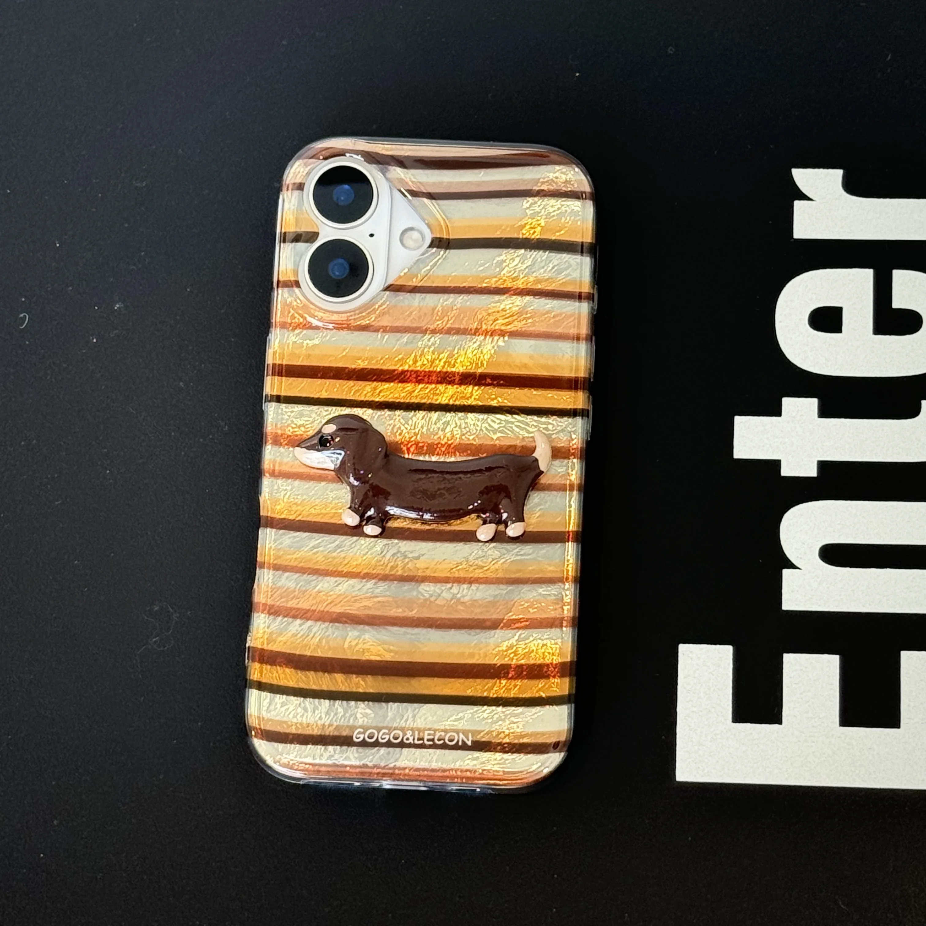 Cartoon INS 3D Stripes Sausage Dog Sticker Dual-layer Chic Phone Case for iPhone 16 15 14 13 Pro Max Back Phone Cover Capa