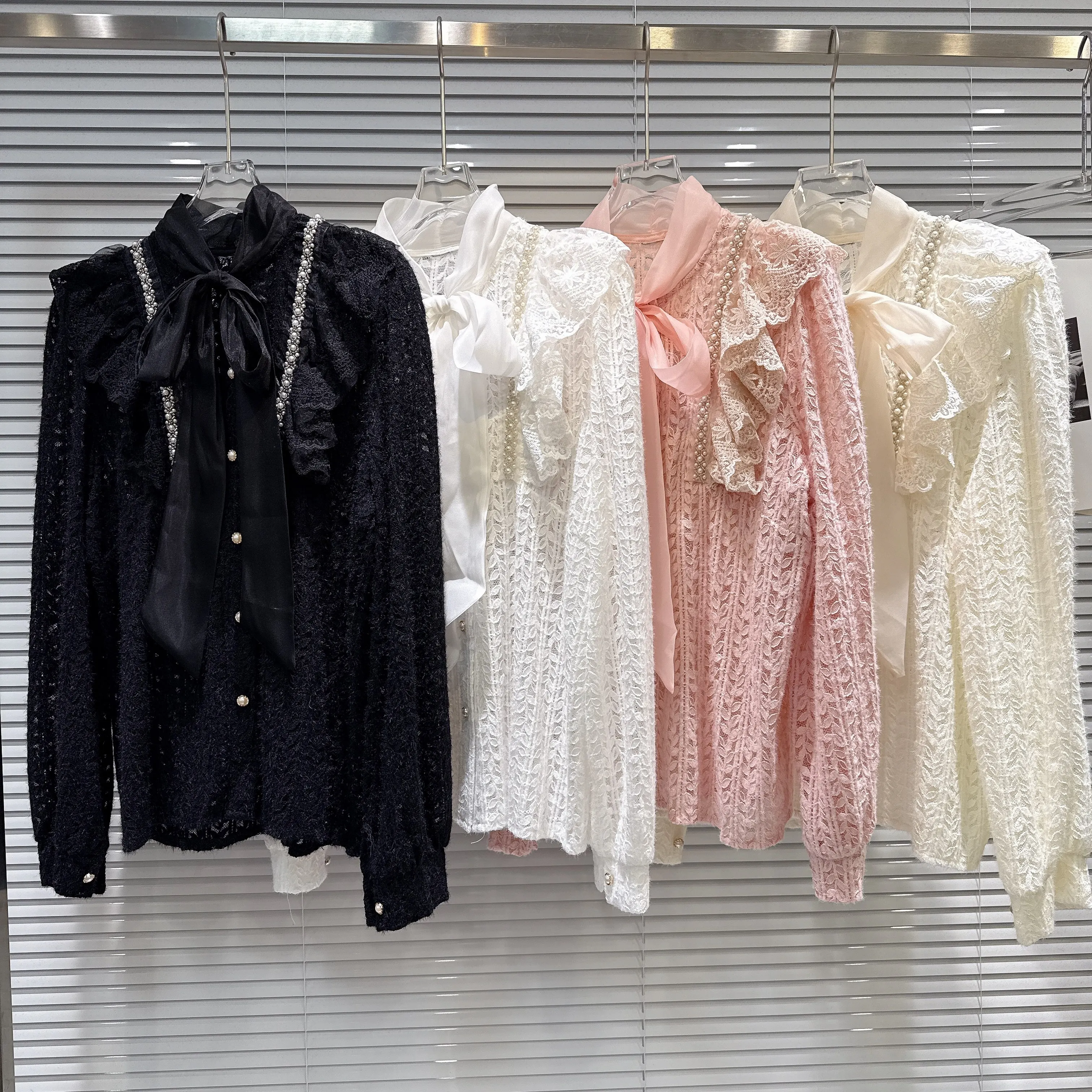 

Gagarich Fashion Women 2026 Spring New French Socialite Ribbon Scarf Bow Pearl Border Lace Shirt Top