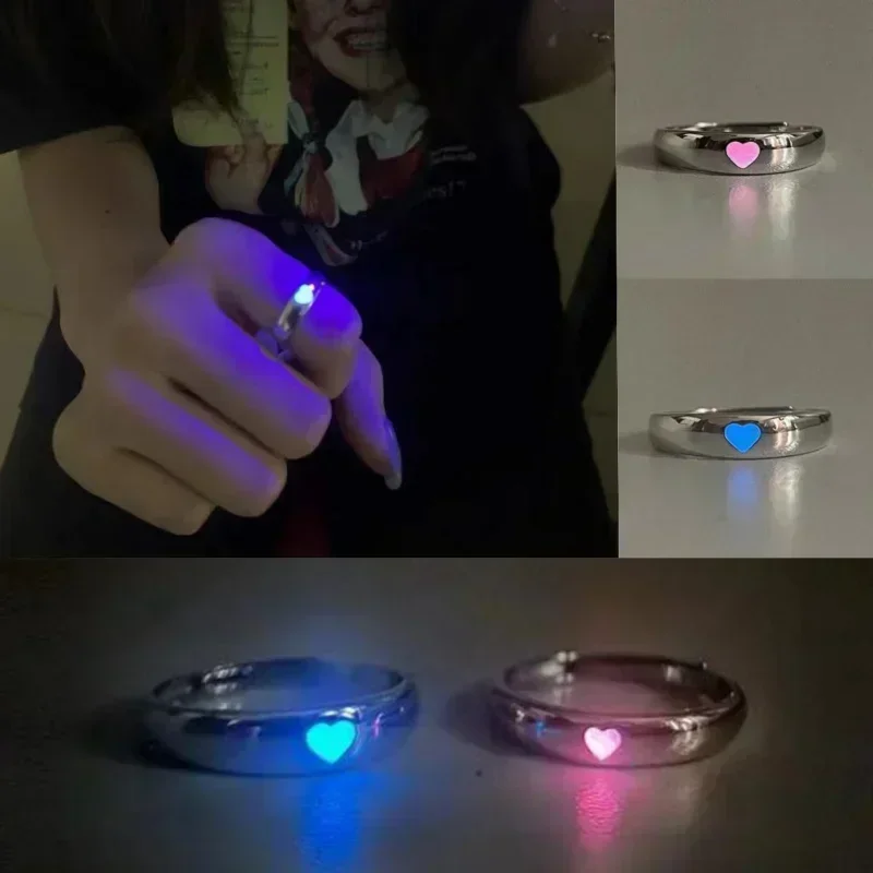 Luminous Love Heart Couple Rings Adjustable Finger Ring Glow In Dark Fashion Silver Color Pink Blue Light Jewelry Lover Gift