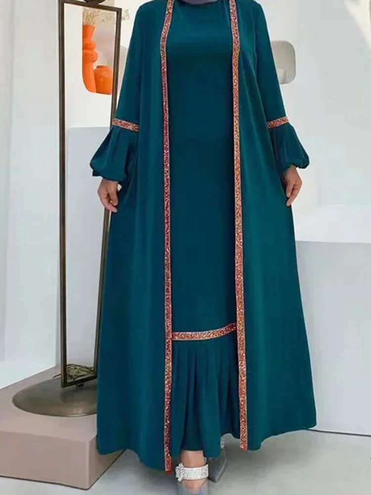 Eid Muslim Abaya Kimono 2 Piece Set Dubai Luxury Islam Turkey Abayas for Women Sequin Evening Party Dress Moroccan Kaftan Robe