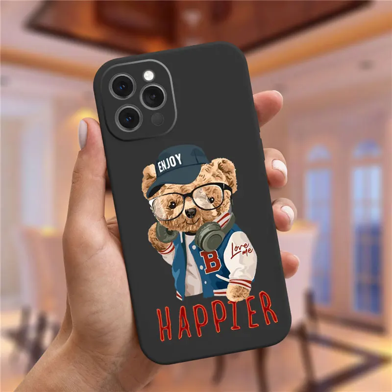 Fashion Brand Bear Phone Case For iPhone 16 Pro 11 12 13 14 15 Pro Max XR XS Max 16Plus Cute Black frosted Cover Trend Fundas