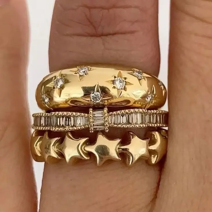 3pc Star Butterfly Knot Artificial Zirconium Ring in Copper Material Fashionable and Creative Jewelry for Women, a Great Gift.