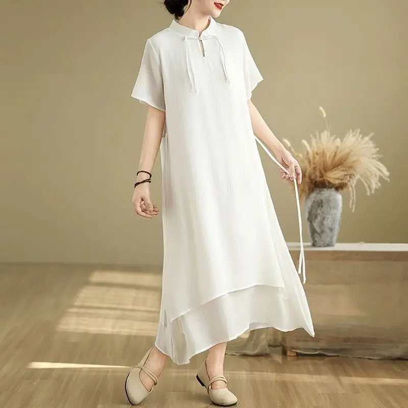 Vestido longo feminino retrô de linho e algodão, gola dupla camada, manga curta, estilo chinês, linha a, vestidos brancos de verão