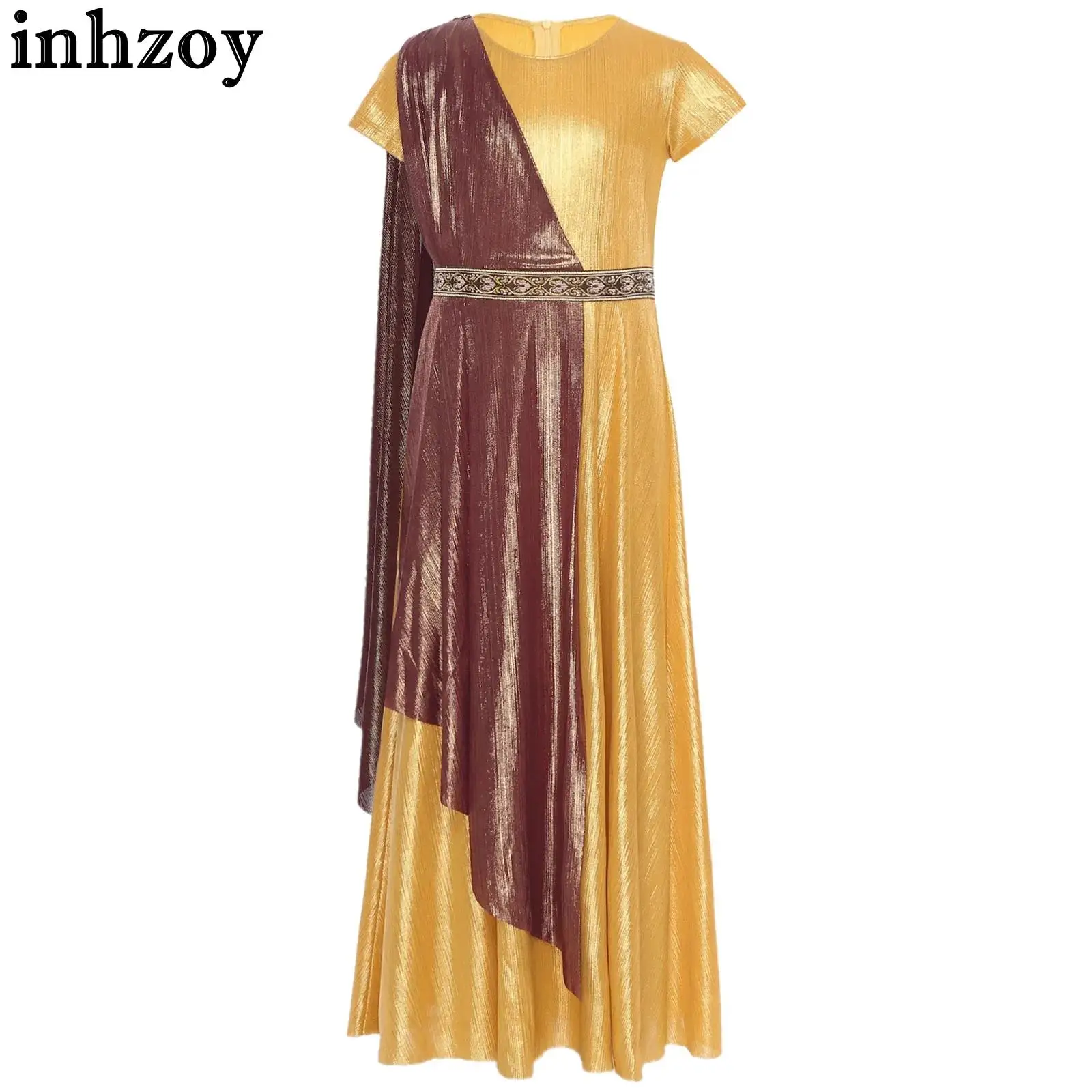 Kids Girls Ancient Greek Roman Toga Robe Halloween Princess Queen Cosplay Costume Short Sleeve Vintage Metallic Shiny Cape Dress