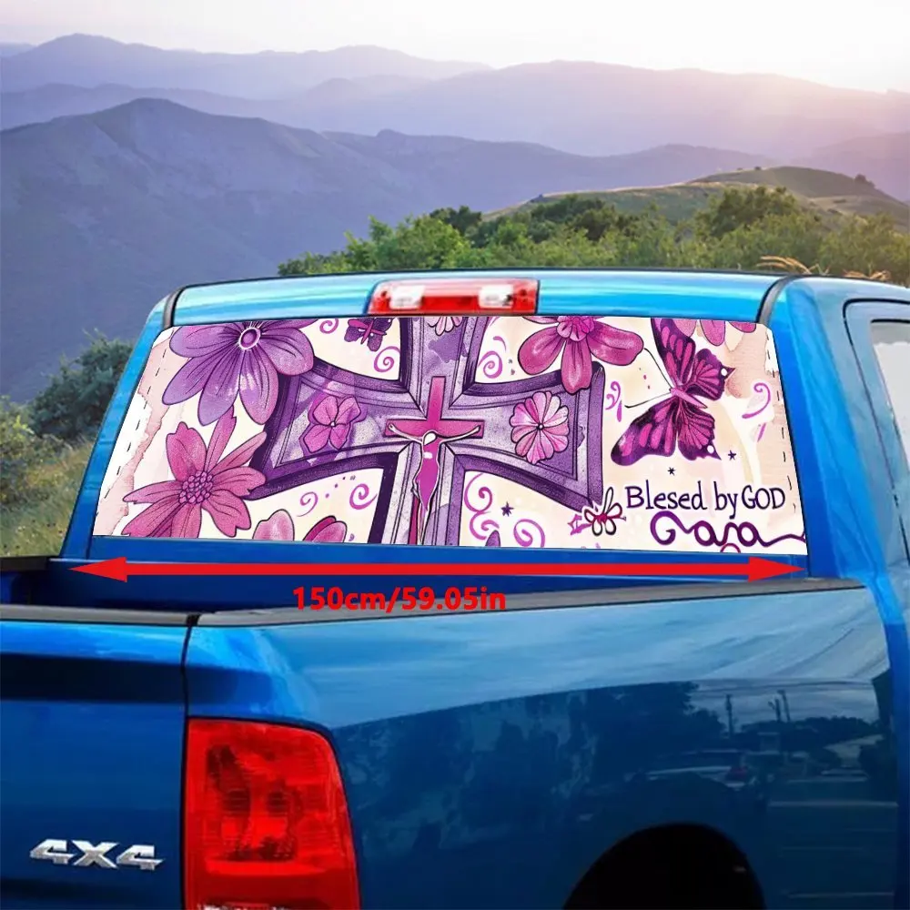 Purple Cross Butterfly Flower GOD JESUS Car Rear Windshield Sticker Truck Window See Through Perforated Back Window Vinyl Decal