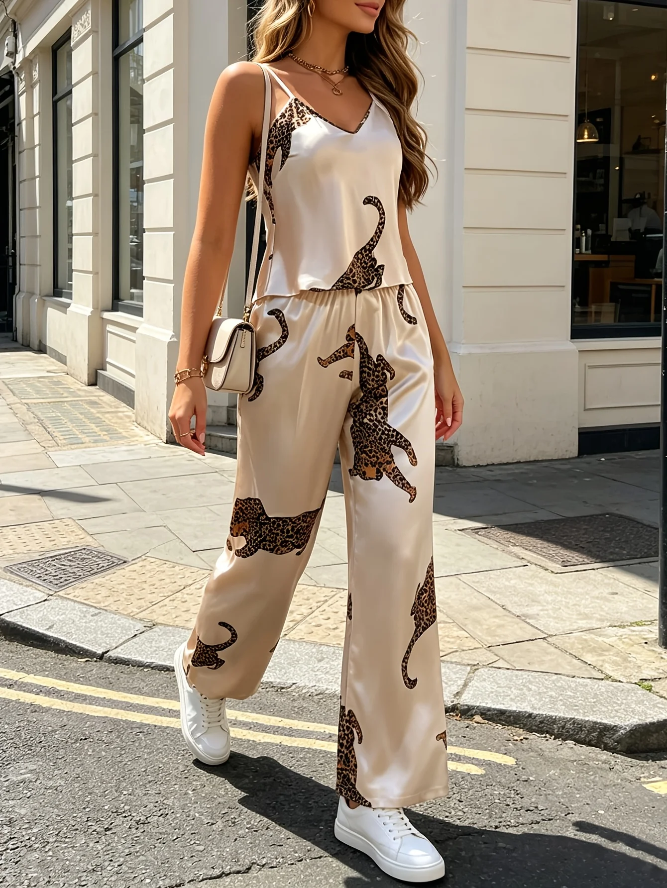 European and American style animal leopard print women's ice silk pajamas 2-piece set, adjustable thin straps, sexy backless camisole + loose straight long pajama pants for home and outdoor wear, Valentine's Day gift