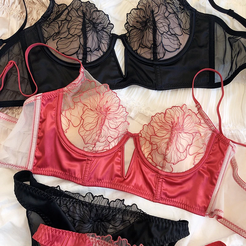 New Women Push Up Bra Set Sexy Lace Embroidery Underwear Deep V Cotton Thicken Cup Comfortable Breathable Lingerie Panties Sets