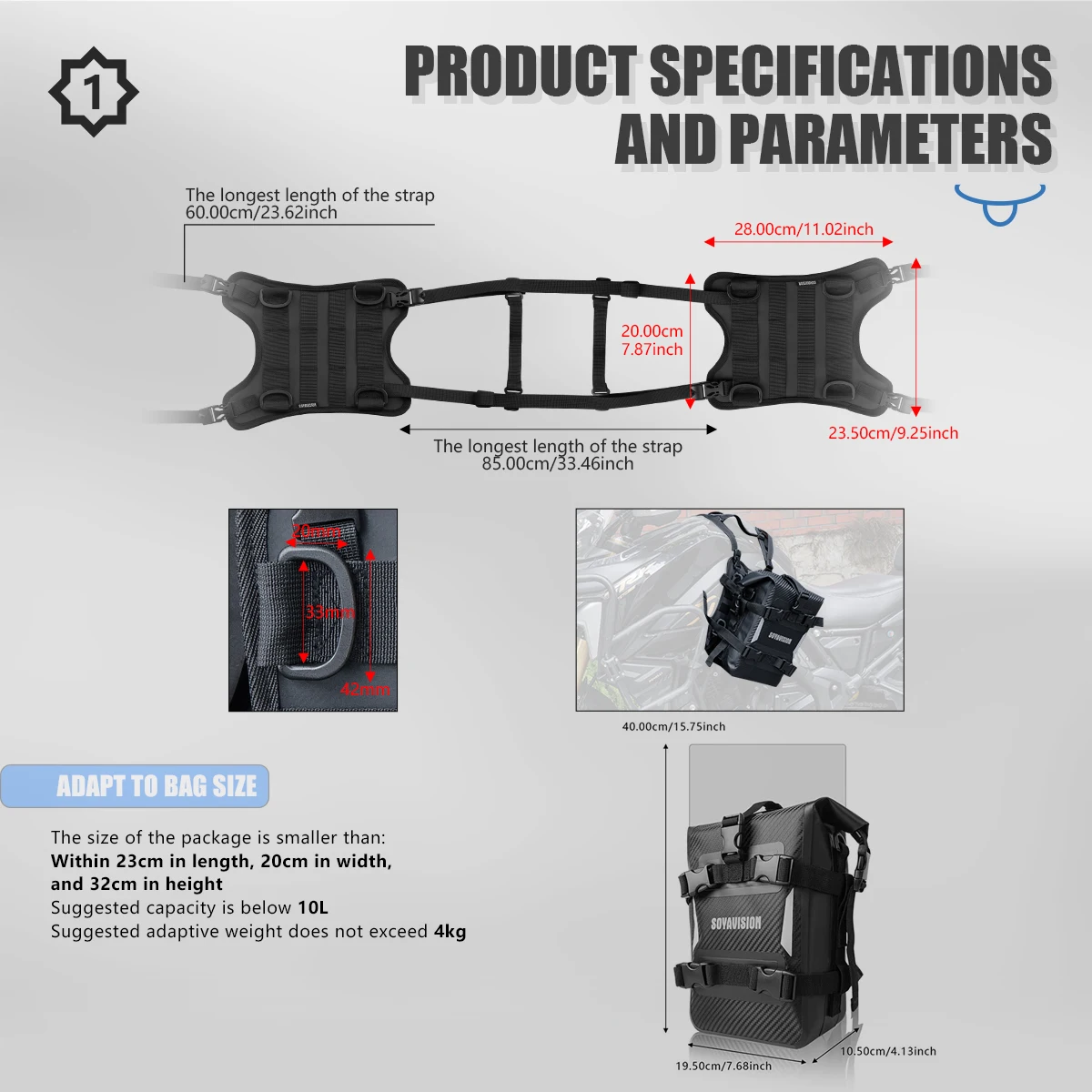 Akcesoria motocyklowe: rama, gmole, narzędzia, torba podróżna, boczne mocowanie na zbiornik paliwa, baza torby bocznej na zbiornik paliwa, baza mocowania przedniej torby motocyklowej.