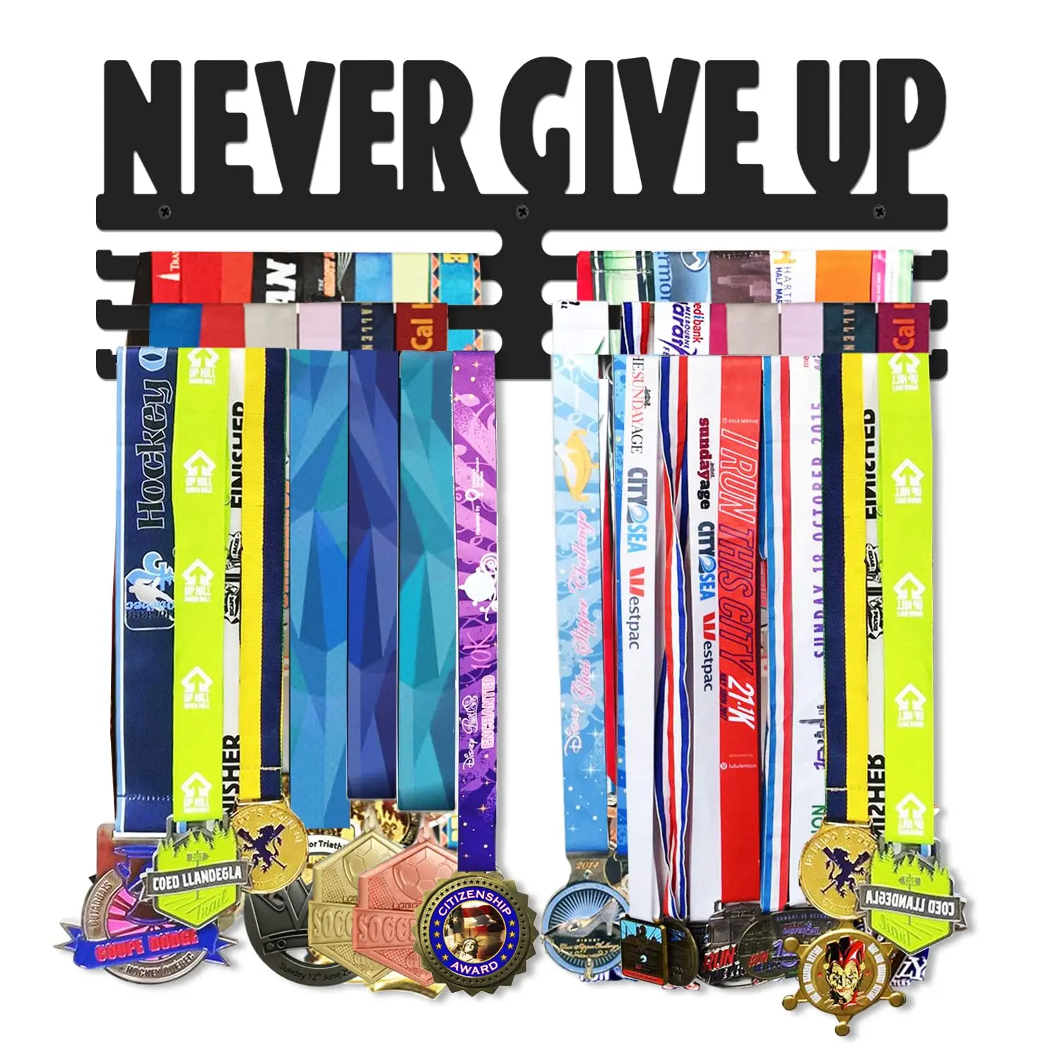 

Medals Display Hanger Holder Steel Rack Hook Wall Mount Frame Sports Medal Hook Storage Organizer Never Give Up Easy to Install