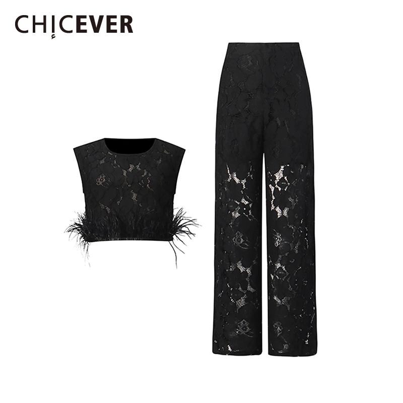 

CHICEVER Solid Spliced Hollow Out Two Piece Set Female O Neck Sleeveless T Shirt Streetwear Women's Trousers Set Fashion Style