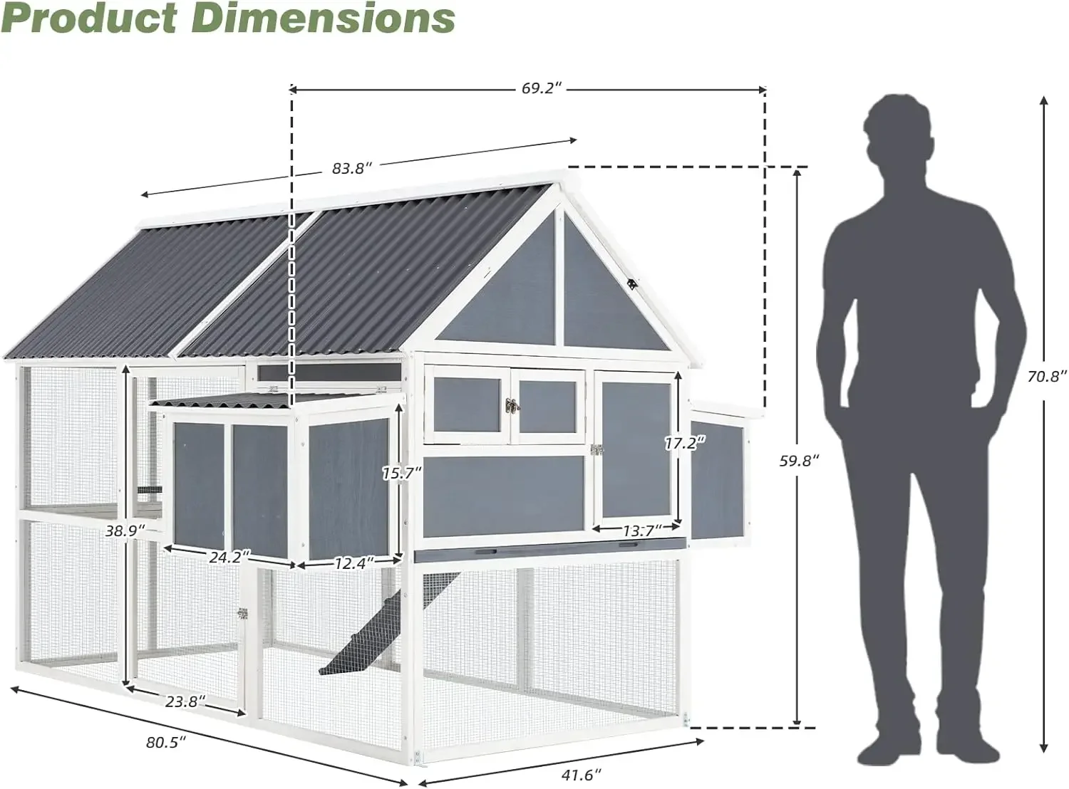 84” Large Chicken Coop, Outdoor Wooden Hen House Poultry Cage for 8-10 Chickens Walk in Chicken House with Run