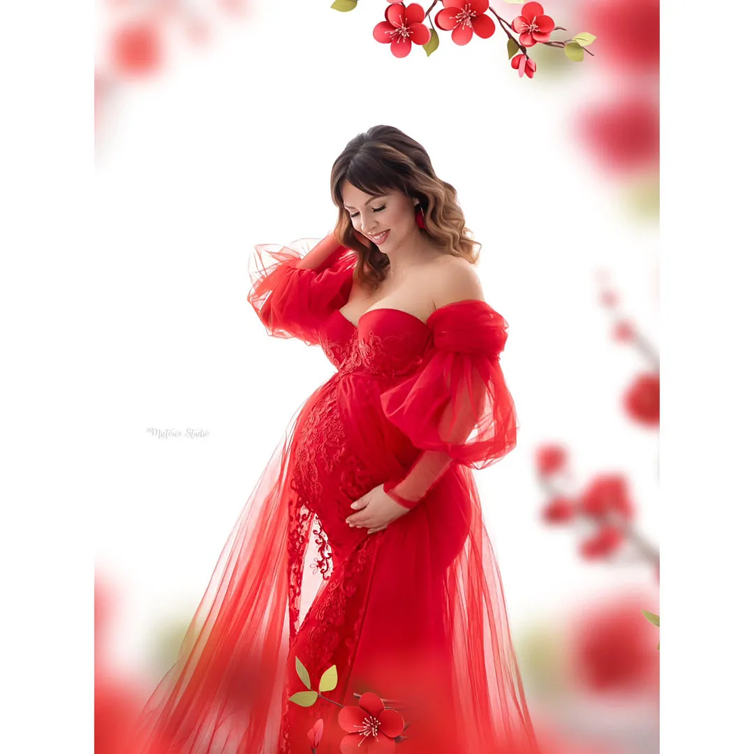 

Charm Red Lace Maternity Dresses Off The Shoulder Sweetheart Vestidos de Photography for Women Puffy Mesh Pregnant Party Gown