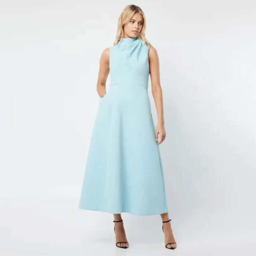 Mother Of The Bride Dresses Simple Ligh Sky Blue Jersey Pleat Wedding Guest Dress A-line High Collar Midi Formal Gowns 2024