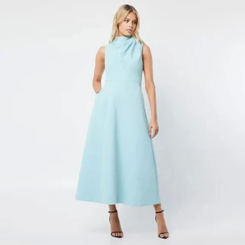 Formelle Midi-Partykleider, hellhimmelblau, Jersey-Falten, Hochzeitsgastkleid für Damen, A-Linie, hoher Kragen, kurze Cocktailkleider 2024