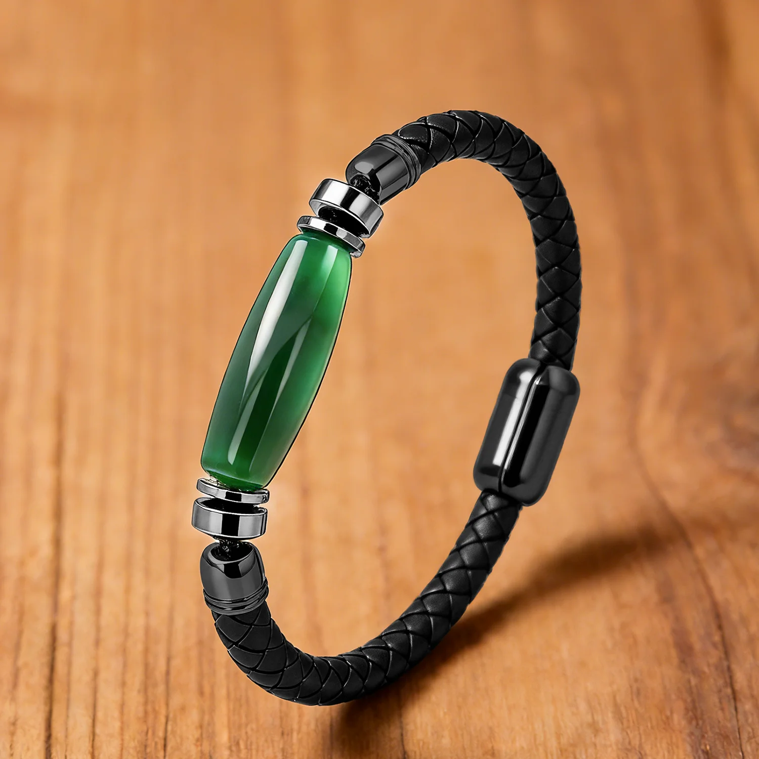 Vintage Men's Leather Bracelet Natural Stone Stainless Steel Magnetic Clasp Retro Fashion Bracelet for Men