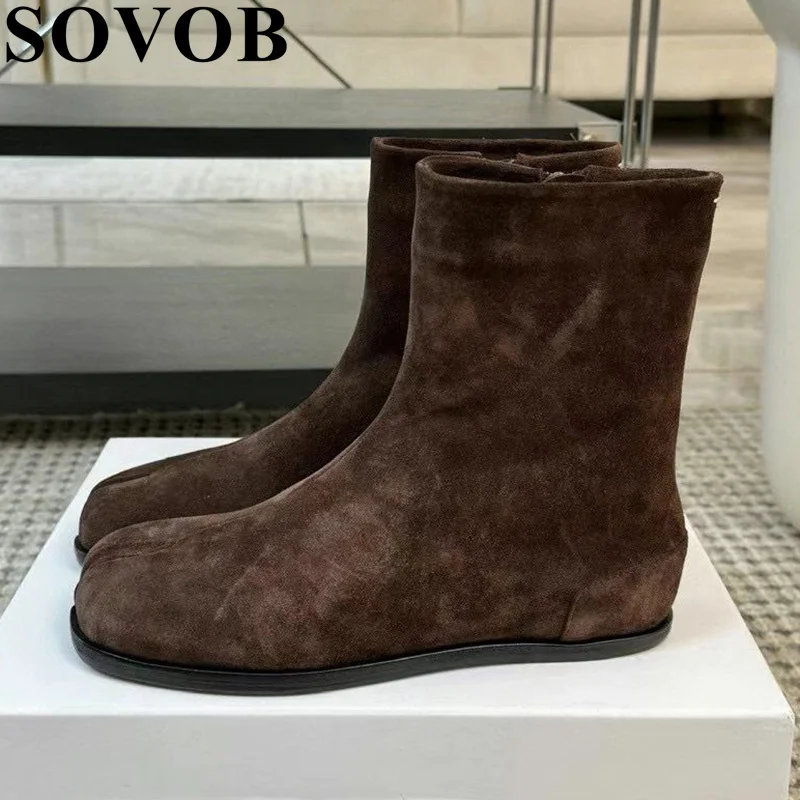 Autumn Winter Pig Hooves And Horse Hoov Boots Women Kid Suede Solid Color Flat Bottom Zipper Ankle Botas Fashionable Short Boots